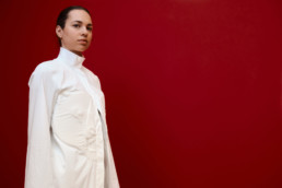 Portrait, Woman, White Cloths, Red Background